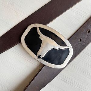 Vintage Western Leather Belt w/ Silver Longhorn Buckle – Cowboy Rodeo 38”